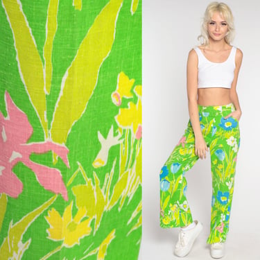 70s Floral Trousers Bright Green Straight Leg Pants Bohemian Pants Hippie Trousers High Waisted Boho Festival Blue Cotton Blend Small S 