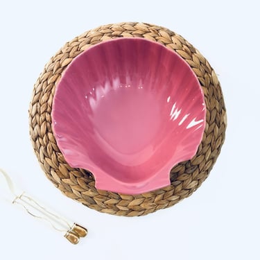 Pink Serving Bowl Scallop Seashell Dusty Rose Vintage 90s Ceramic Salad Bowl, Nautical Sea Shell Mermaid Gift, Pink Bowl Housewarming Gift 