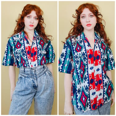 1990s Vintage Cotton Rue Twentyone Southwestern Blouse / 90s Turquoise and Red Western Shirt / Size XL 