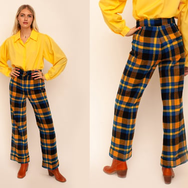 Vintage 1970s Blue & Yellow Tartan High Waisted Wide Leg Flare Pants Trousers 