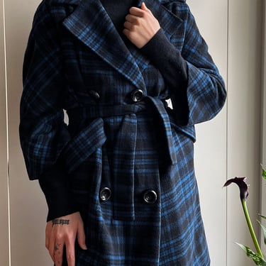 60s Blue Plaid Cashmere Coat | S-M