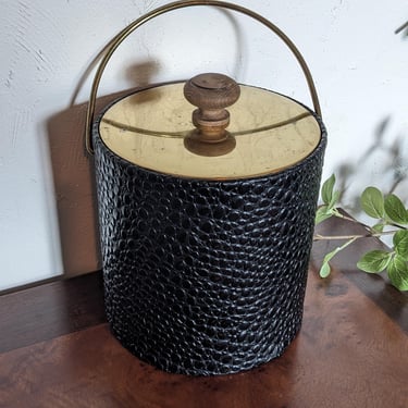 Vintage MCM Black Faux Leather Gold and Wood Italian Ice Bucket 