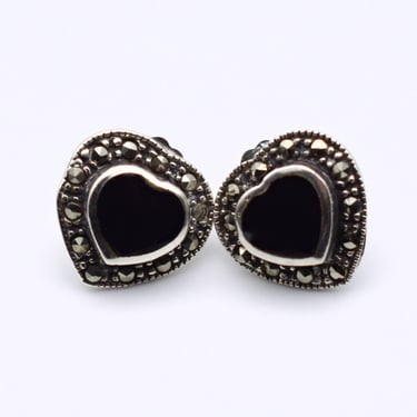 80's onyx marcasite sterling heart studs, dark bling 925A silver pyrite black stone sweetheart earrings 