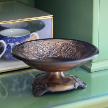 Vintage Bronze Floral Pedestal Bowl | Worn Patina | Catch All 