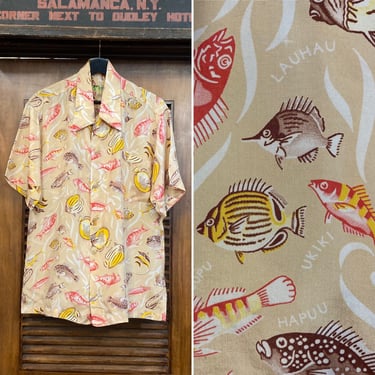 Vintage 1940’s Cartoon Fish Underwater Rayon Hawaiian Shirt, 40’s Hawaiian Shirt, 40’s Rayon Shirt, 40’s Tropical Print, Vintage Clothing 
