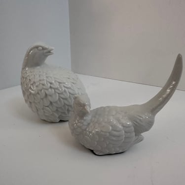 Porcelain Quail Statues - Bird Figurines - Whiteware Stoneware Chinoiserie Chic Decor 