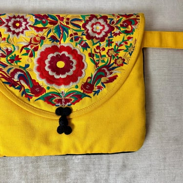 Bright yellow embroidered clutch purse~ wristlet~ Colorful Asian floral design~ Vintage 90’s cotton cloth  accessory bag 