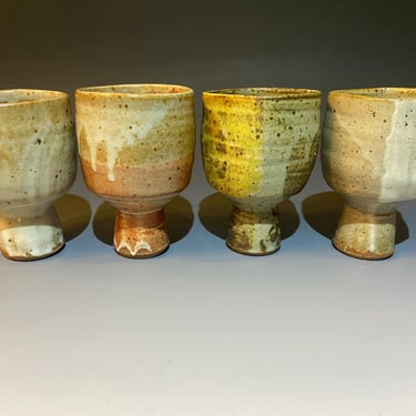 Set of Four Hand-Made Stoneware Pottery Wine Cups 