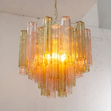 Suspension lamp Made in Italy Tronchi in smoked and pink Murano glass, vintage style ceiling chandelier 58 cm diameter 