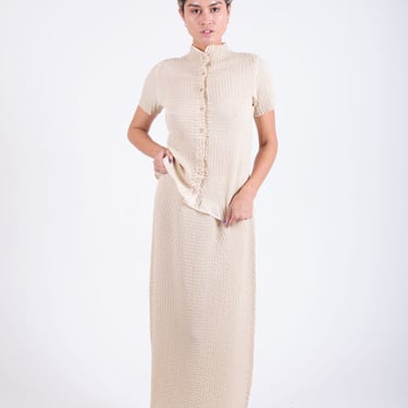 Vintage Peplum by Yoshiki Hishinuma Eggshell Crinkled Skirt Set with Abalone Button Turtleneck Top Cream Pleated sz XS S 