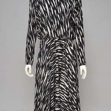 vintage 1980s black & white animal print silk maxi dress S/M 