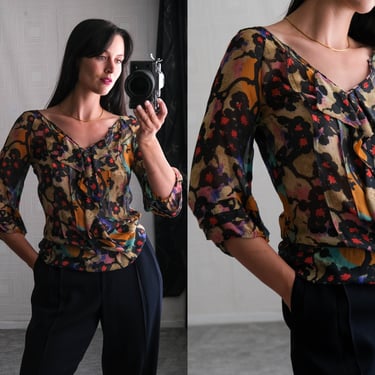Vintage Diane Von Furstenberg Sheer Floral Silk Ruffle Front Blouse w/ Billowy Pleated Sleeves | 100% Silk | 1990s Y2K DVF Designer Silk Top 