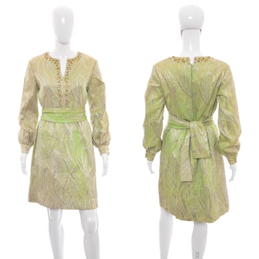 1960's Leslie Fay Apple Green and Metallic Gold Lamé Party Dress Size M