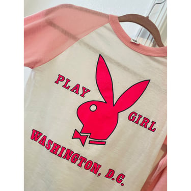 Playgirl Shirt // vintage 70s 80s cotton boho tee t-shirt t top blouse hippy tee play girl pink white Washington DC bunny 1970s // XS/S 