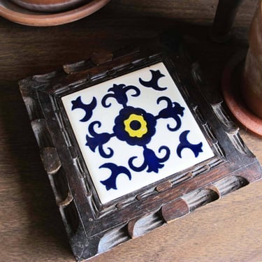 Vintage Carved Wood and Ceramic Blue White Mexican Spanish Kitchen Trivet - 70s Orion Monterey Bohemian Square Ceramic Pot Holder 