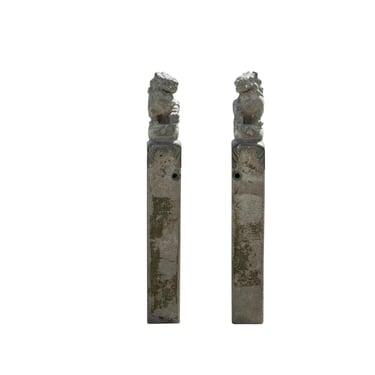 Chinese Pair Gray Stone Fengshui Foo Dogs Lion Slim Pole Statues cs7641E 