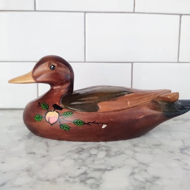 Vintage 9" Japanese Wood Carved Hand Painted Duck Signed Home Décor Ducks 