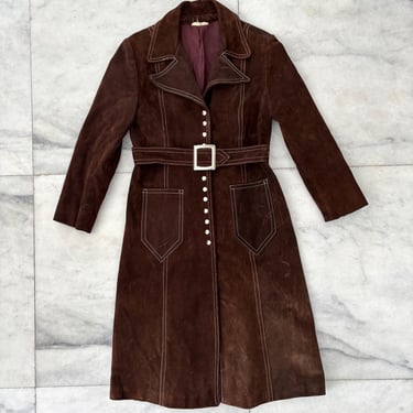 Vintage 70s Overcoat Jacket Brown Suede Belt Women Small Western Cowgirl Boho 