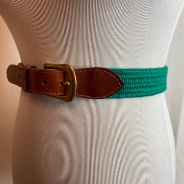 90’s night green cotton & leather stretch belt Preppy boho trendy unisex skinny belts androgynous vintage 1990s size Smallish 