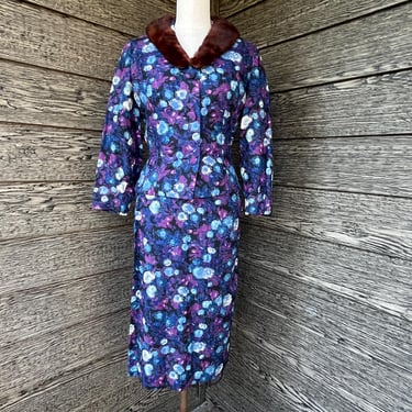 1950s new look suit vintage blue floral skirt and jacket set small 