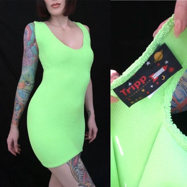Vintage Tripp NYC 90s Electric Neon Green Stretchy Body Con Mini Dress - size Small XS Medium 
