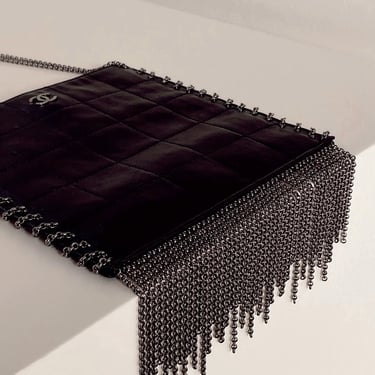 Vintage CHANEL CC Black Quilted Leather Chain Fringe Shoulder Crossbody Bag - Rare 