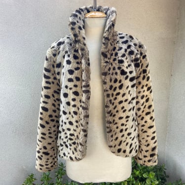 Vintage groovy browns black leopard animal print faux fur bomber jacket by Jean Louis de Paris Medium 