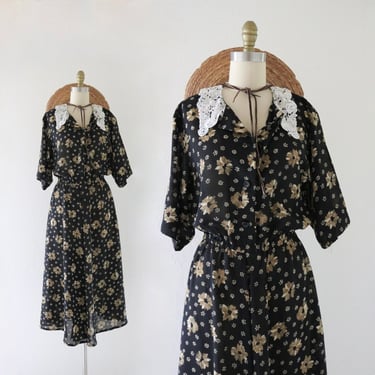 botanical chiffon dress - m - vintage black dark floral 90s y2k size medium long spring summer dress 