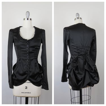 Betsey Johnson corset bustle jacket, black stretch satin, lace-up back, top 