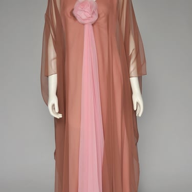 1970s Eva Gabor Estevez brown and pink kaftan dress S/M 