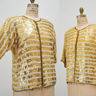 80s 90s Vintage Gold White Sequin Jacket Medium  Stripe// 90s Metallic Gold Sequin Beaded Wedding Party Jacket New Years jacket Cruise Beach 