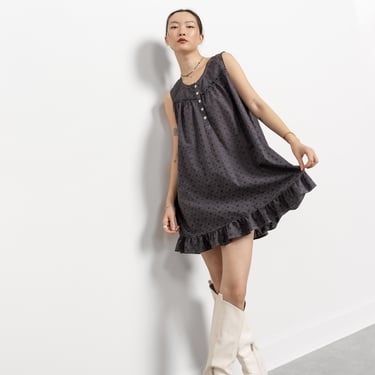 Black Cotton Eyelet GRUNGE MUUMUU PYJAMAS Mini Dress Pjs Vintage Summer Sun Embroidered / Small Medium 