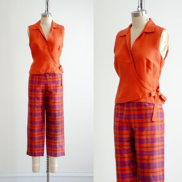 orange silk suit 90s y2k vintage bright purple plaid wrap shirt cropped pants set 