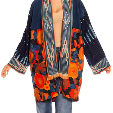Morphew Collection Blue  Orange Cotton Up-Cycled Vintage Fabrics African Indigo Duster 