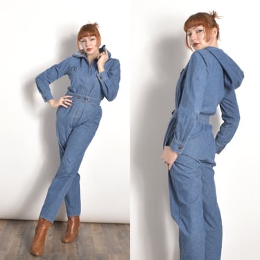 Vintage 1970s Jumpsuit / 70s Hooded Denim Jumpsuit / Blue ( medium M ) 