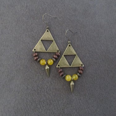 Antique bronze triangle earrings, yellow agate 