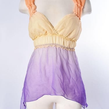 90's Silk Chiffon Fairy Blouse Top Vintage Purple Peach Sheer Shirt By ZOLA 1990's Designer Ethereal Ombre 