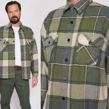 Large 70s Green Plaid Wool Shirt | Vintage Button Up Collared Overshirt Shacket 