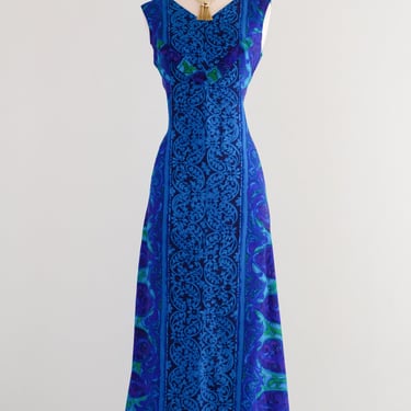 Glamorous 1960's Blue & Green Paisley Waterfall Hawaiian Gown by Miss Hawaii / S