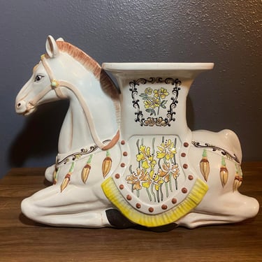 Large Hollywood Regency Italian Glazed Ceramic Horse Garden Seat or Plant Stand 