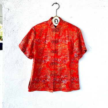 Vintage 70s Peony Red Brocade Chinese Top Asian Graphic Shiny Shirt 