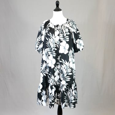80s Hawaiian Dress - Black MuuMuu w/ White and Gray Flowers - Hilo Hattie Made in Hawaii - Vintage 1980s - Size L 