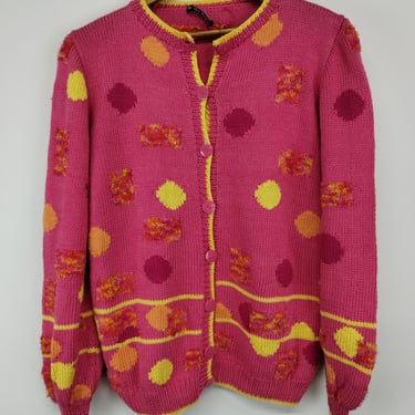 90s Van Cleef Designs Pink Polka Dot Knit Cardigan Sweater 