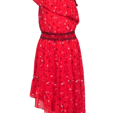 Joie - Red Asymmetrical One-Shoulder Floral Print Silk Dress Sz S
