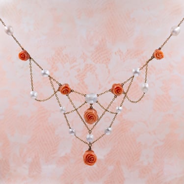 Antique Coral & Pearl Festoon Necklace