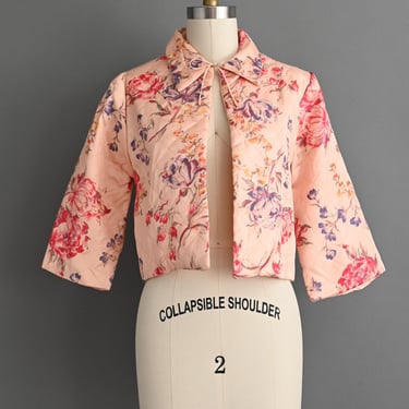 Vintage 1940s Lingerie Bed Jacket | Quilted Floral Cropped Bed Jacket | Small Medium 