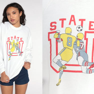 Football Sweatshirt 80s Sweatshirt State U Football Shirt Graphic Baggy Jumper Sports Vintage White 1980s Medium Large 