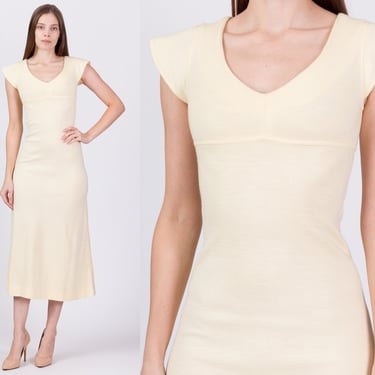 70s Cream Wool A Line Midi Dress - Extra Small | Vintage Cap Sleeve Boho Empire Waist Dress 