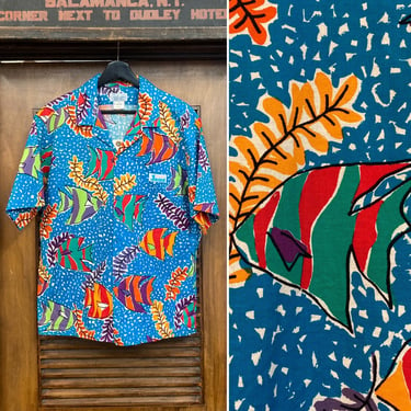 Vintage 1980’s “Jams” New Wave Cotton Tiki Atomic Fish Hawaiian Shirt, 80’s Loop Collar Shirt, Vintage Clothing 