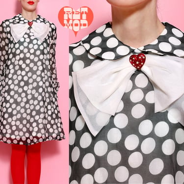 Lovely Vintage 60s Black & White Polka Dot Mod Tent Dress with Bow 